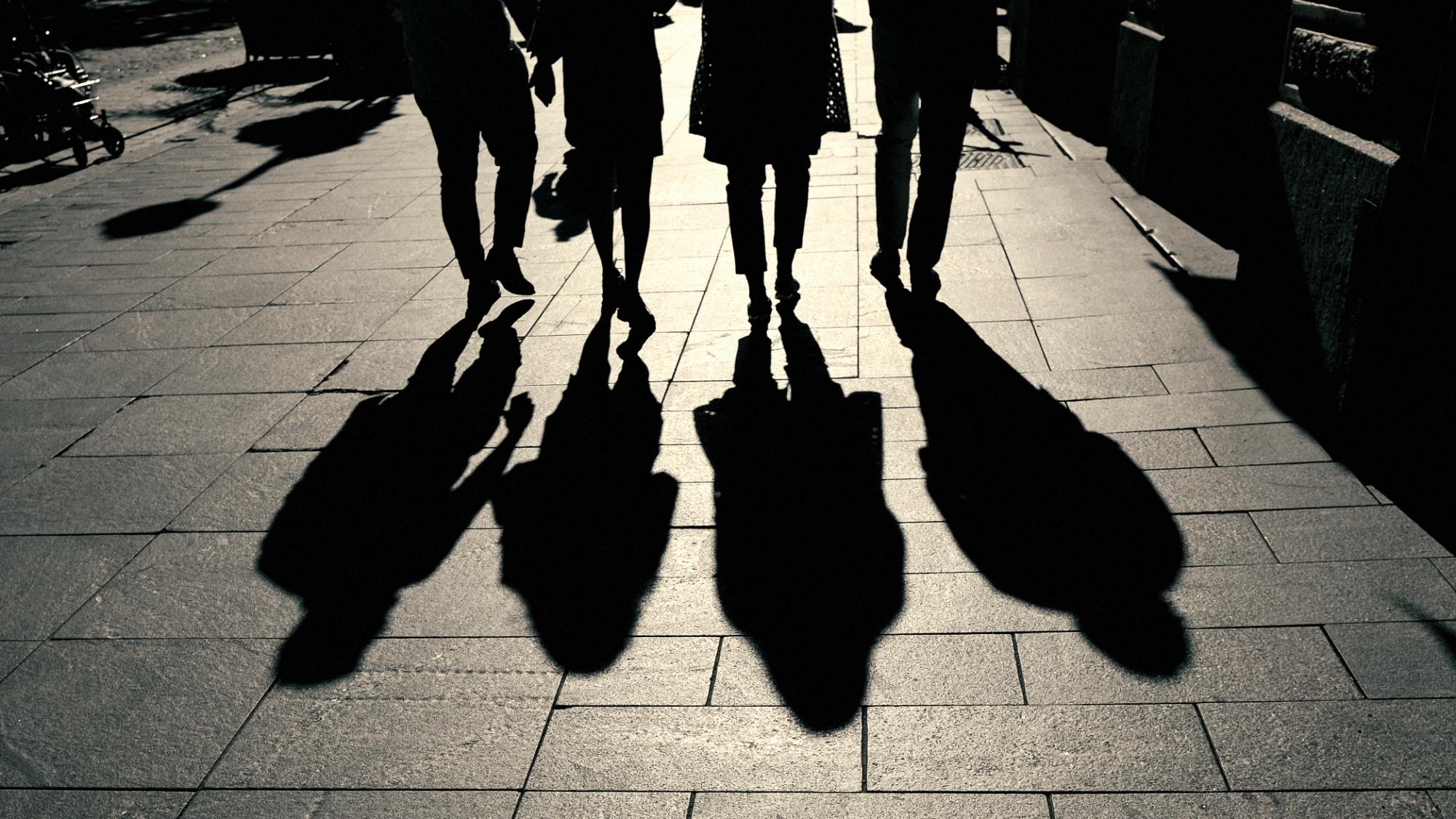 Four people walking together down a sunny pavement, seen from behind, their long shadows in front of them.